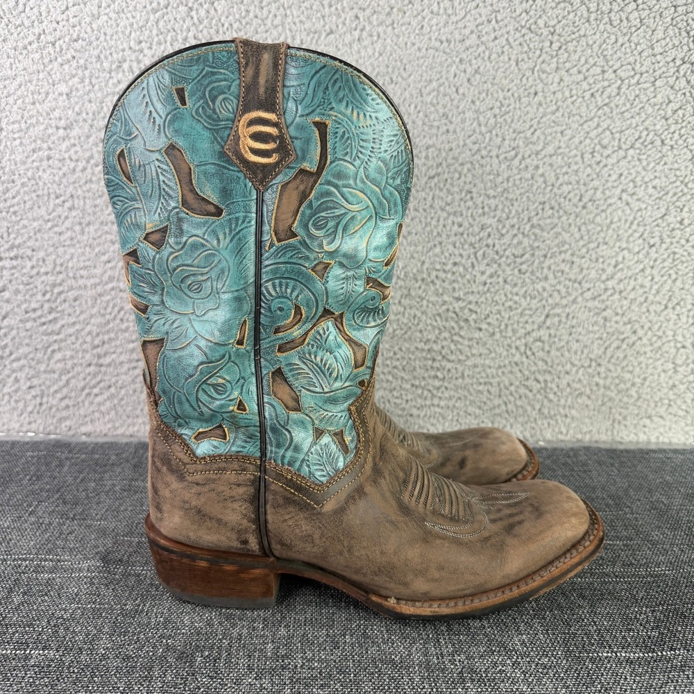 Dan Post Cowboy Boots Womens 10 Brown Turquoise Floral Tooled Leather DP3910